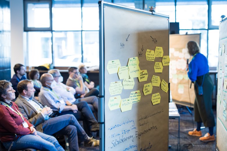 Eine Seminargruppe mit Metaplanwänden.