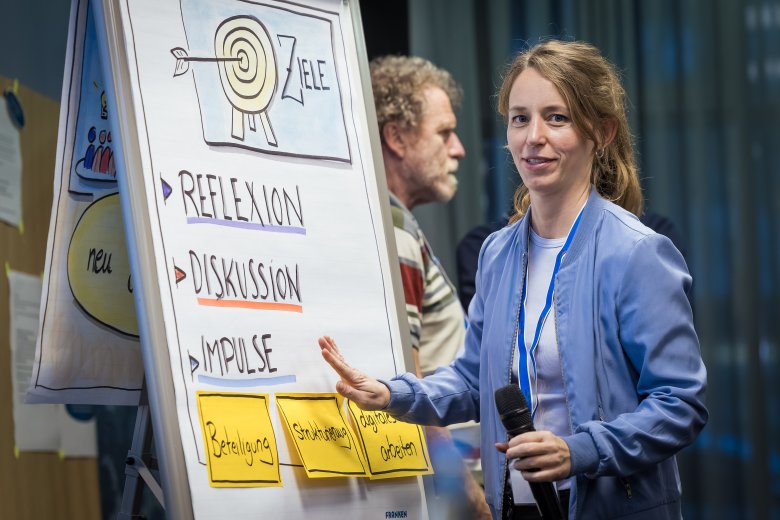 Eine freundliche Frau mit einem Mikro in der Hand zeigt etwas an einem Flipchart.