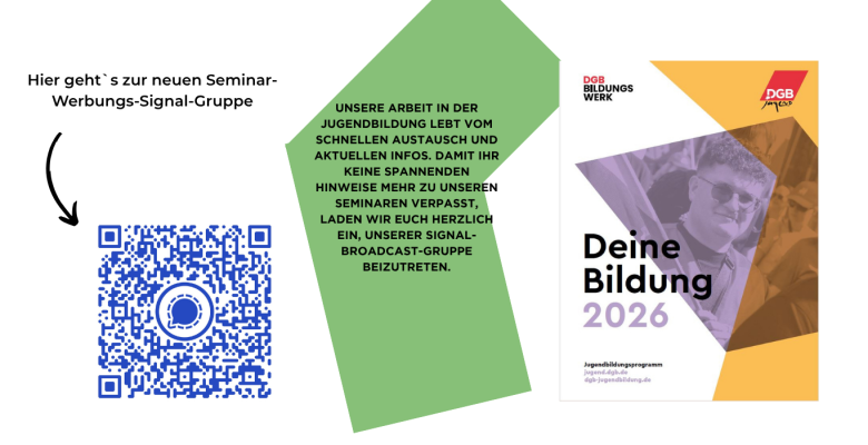ein QR-Code zur Signalgruppe und ein Text über unsere Seminare