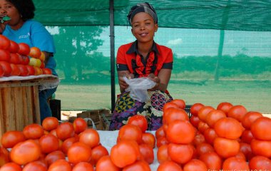 Eine Art Markthalle. Im Bildmittelpunkt eine junge Frau vor einem Stand mit mehreren Reihen roter Früchte. Sie hält eine offene Plastiktüte in beiden Händen.